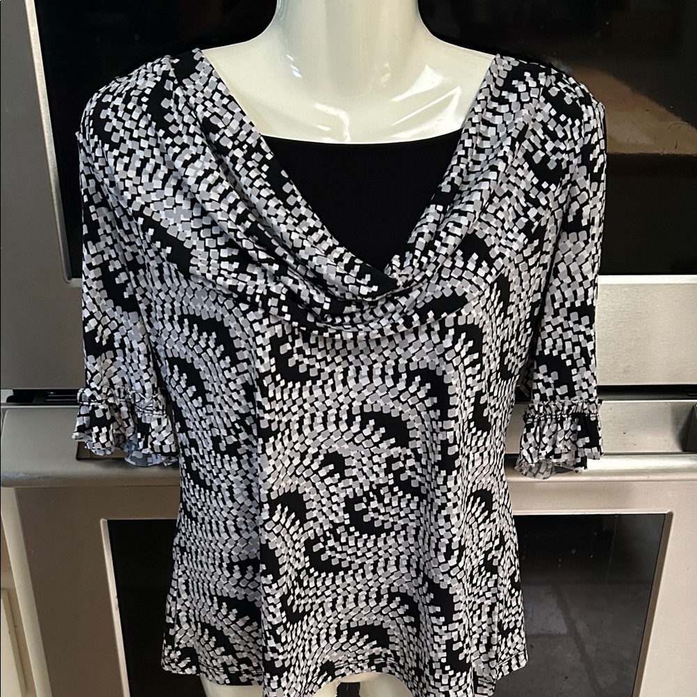 East 5th Black and White Cowl Neck Blouse